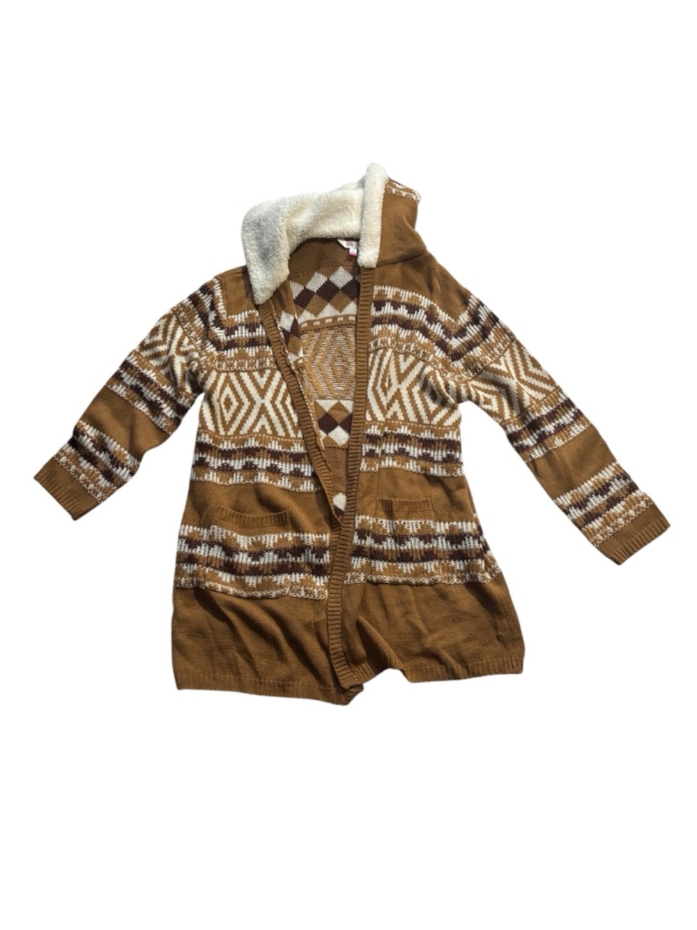No Boundaries Brown & Cream Aztec Sherpa-Trim Cardigan